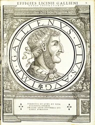 Gallienus, kuvitus teoksesta "Kaiken idän ja lännen Rooman keisarit", Rudolph Wyssenbachin puupiirros, paina Andreas Gesner, Zürich, 1